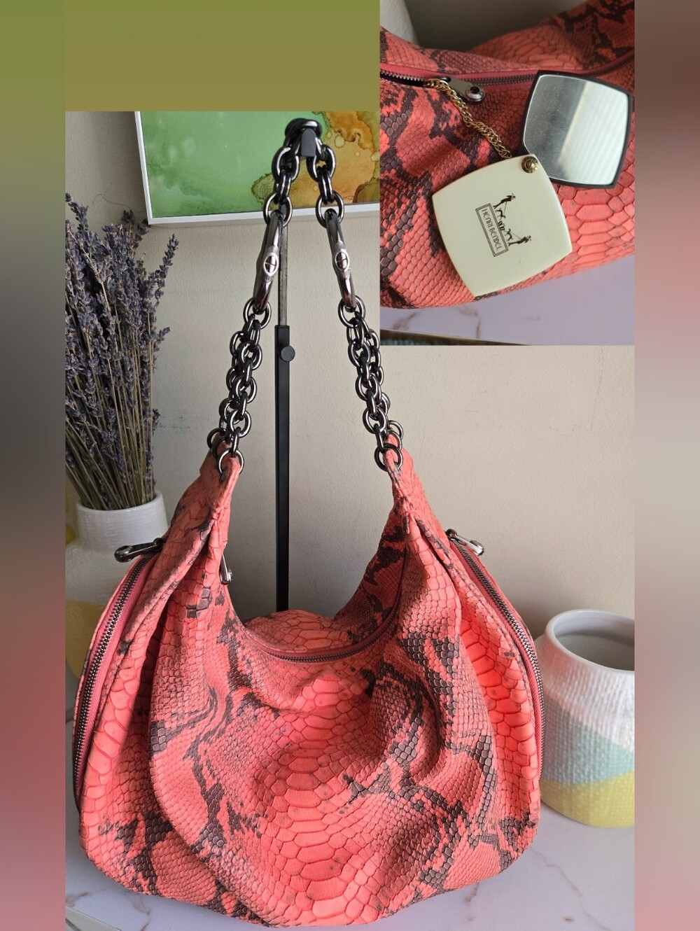 Henri Bendel Snake Print Large Coral Hobo Shoulder Bag With Mirror Charm